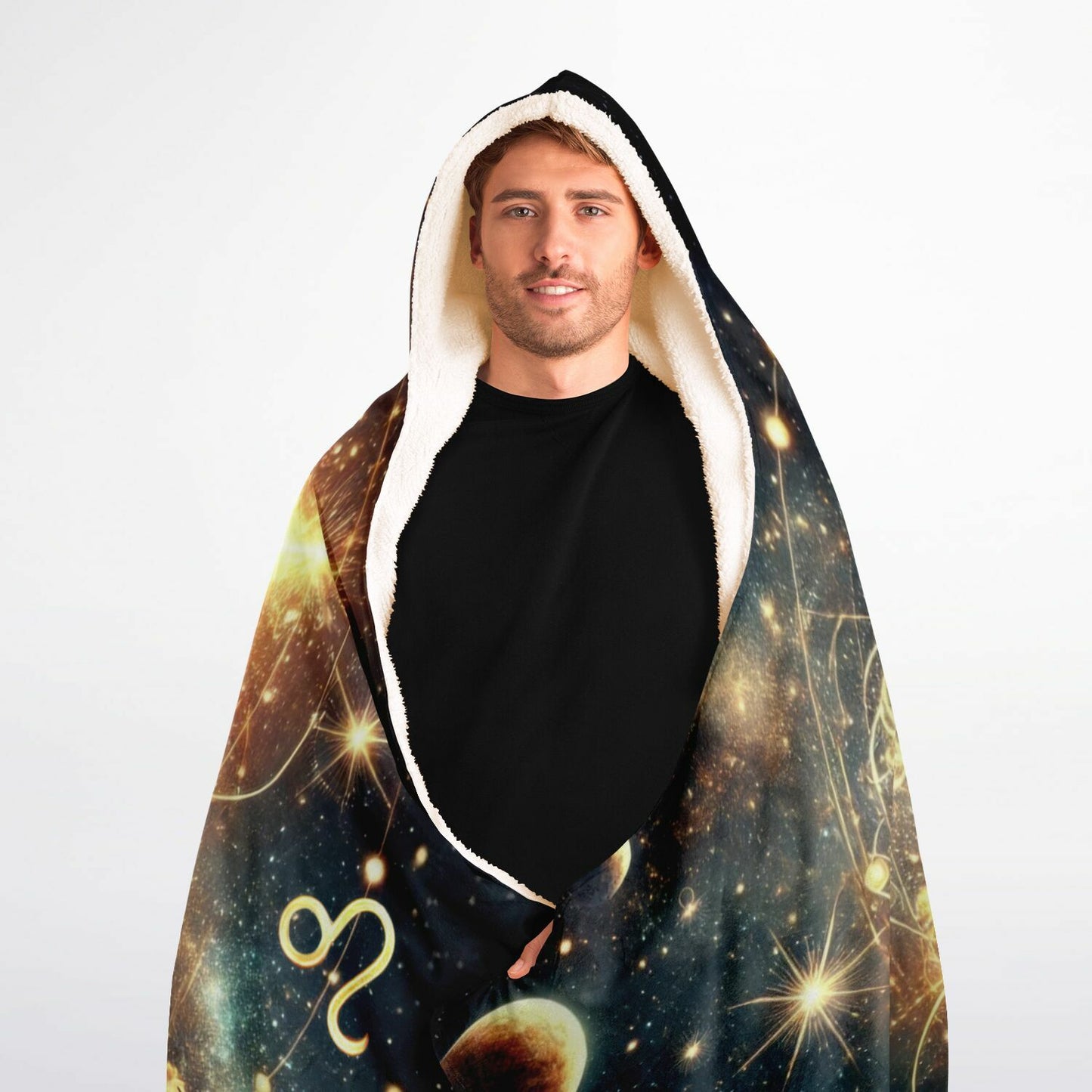 Leo Hooded Blanket 60x80 – oversized sherpa-lined zodiac blanket showcasing an illuminated lion face at the center of a radiant astrological circle, with starbursts, cosmic fire, and celestial symbols glowing across a deep galaxy background. Perfect for cozy nights, meditation, spiritual rituals, and bold Leo