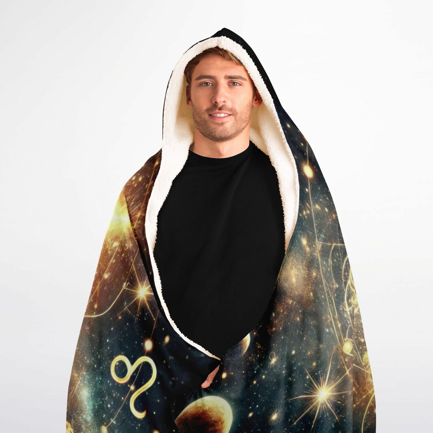 Leo Hooded Blanket 60x80 – oversized sherpa-lined zodiac blanket showcasing an illuminated lion face at the center of a radiant astrological circle, with starbursts, cosmic fire, and celestial symbols glowing across a deep galaxy background. Perfect for cozy nights, meditation, spiritual rituals, and bold Leo
