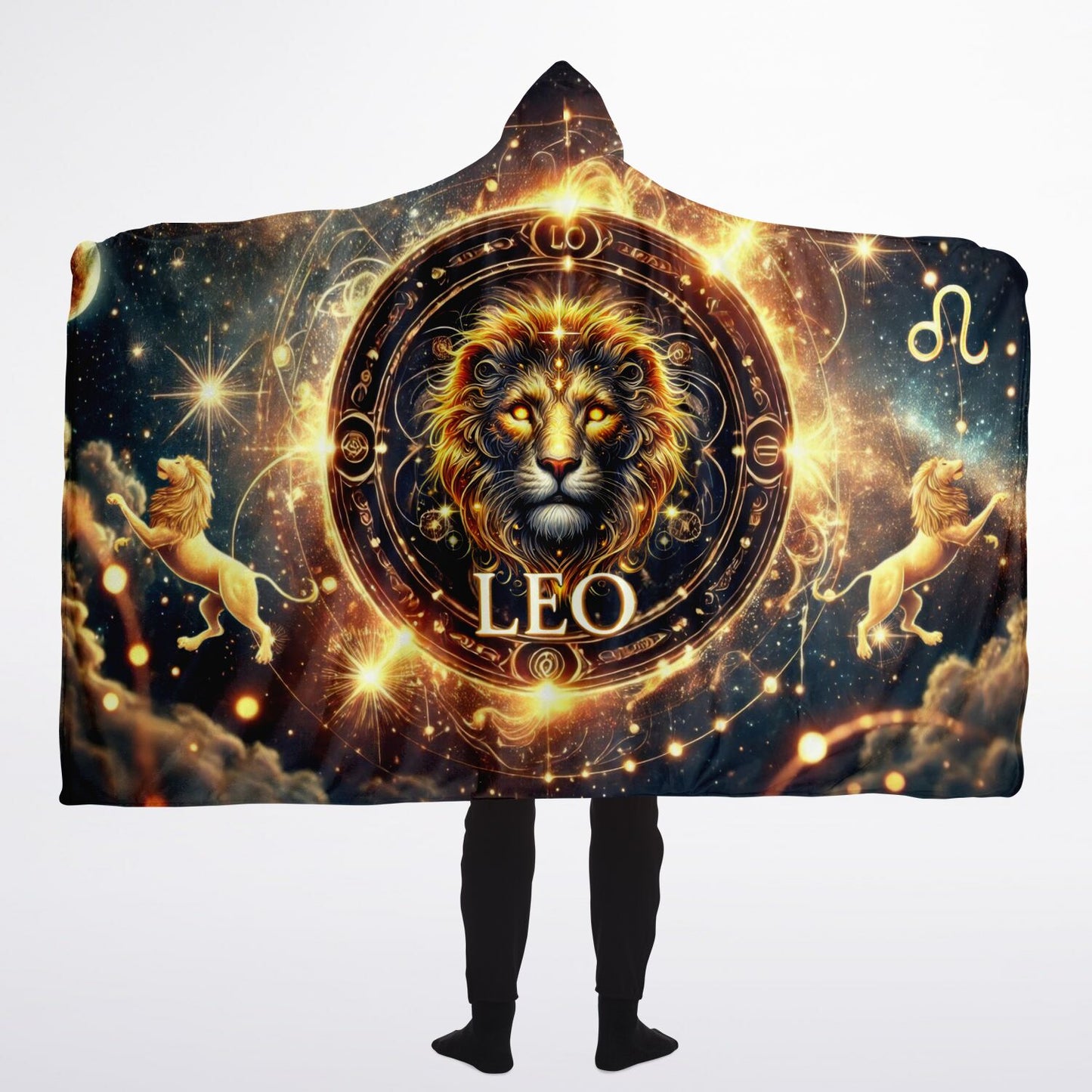 Leo Radiance Hooded Blanket 60x80 – bold Leo energy with celestial details, ultra-warm sherpa comfort