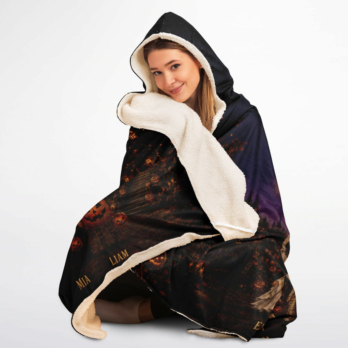Little Monsters Halloween Hooded Blanket 45x60 – ultra-soft fleece hooded blanket featuring a magical Halloween family with customizable names, style 