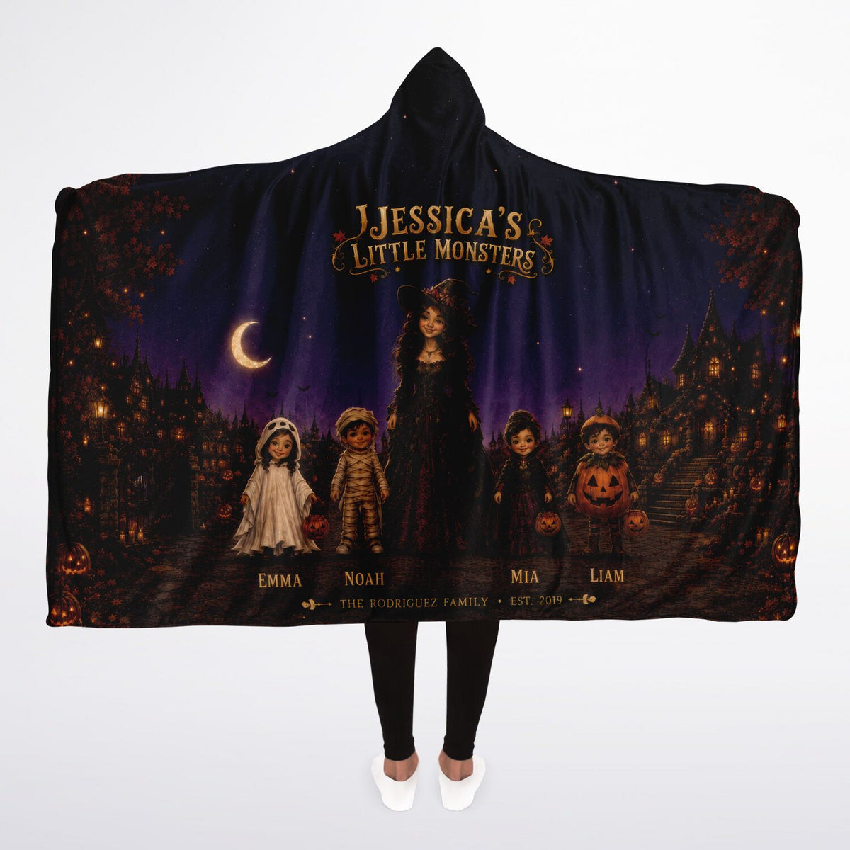 Little Monsters Halloween Hooded Blanket 45x60 – ultra-soft fleece hooded blanket featuring a magical Halloween family with customizable names