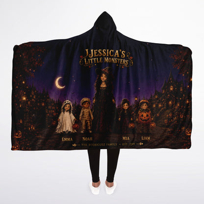 Little Monsters Halloween Hooded Blanket 45x60 – ultra-soft fleece hooded blanket featuring a magical Halloween family with customizable names
