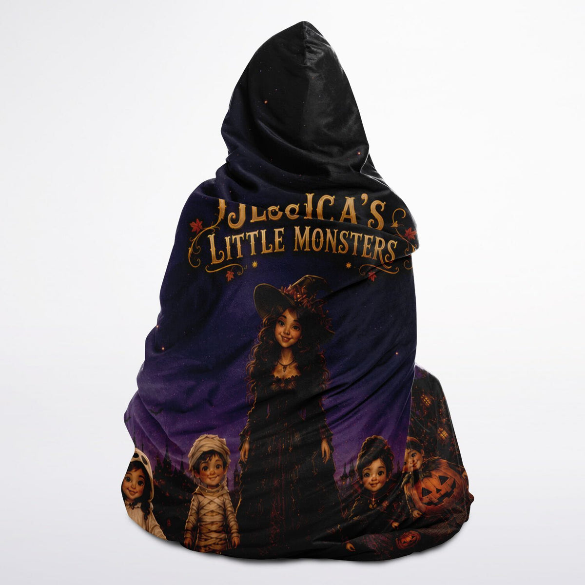 Little Monsters Halloween Hooded Blanket 45x60 – ultra-soft fleece hooded blanket featuring a magical Halloween family with customizable names, for mom