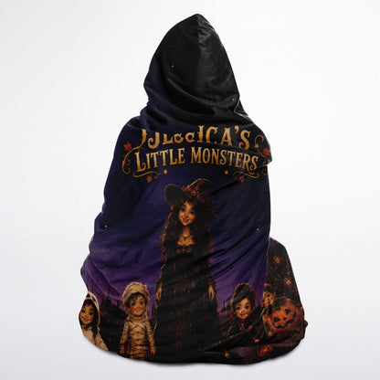 Little Monsters Halloween Hooded Blanket 45x60 – ultra-soft fleece hooded blanket featuring a magical Halloween family with customizable names, for mom