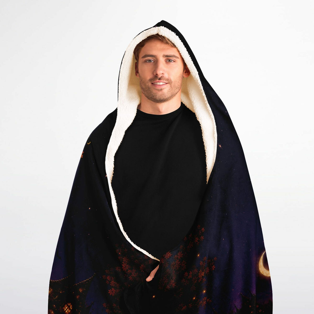 Little Monsters Halloween Hooded Blanket 60x80 – oversized cozy sherpa hooded blanket featuring a mother and her little monsters in a moonlit Halloween village warm