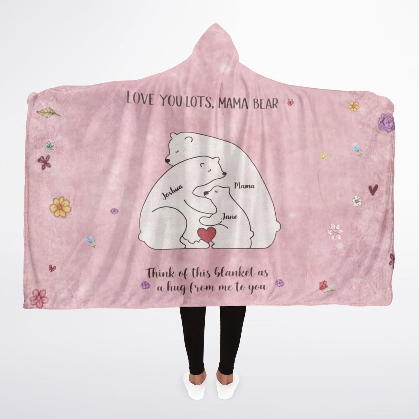 Mama Bear Love Hooded Blanket 45x60 – personalized bear family design with names and soft pink background 