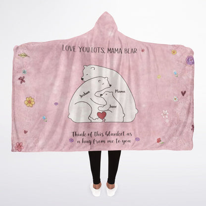 Mama Bear Love Hooded Blanket 45x60 – personalized bear family design with names and soft pink background 