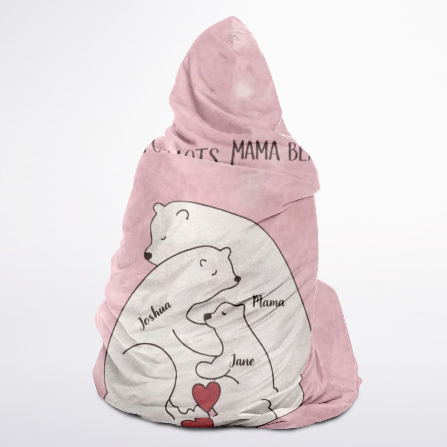 Mama Bear Love Hooded Blanket 45x60 – personalized bear family design with names and soft pink background mama bear