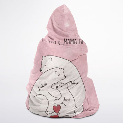 Mama Bear Love Hooded Blanket 45x60 – personalized bear family design with names and soft pink background mama bear