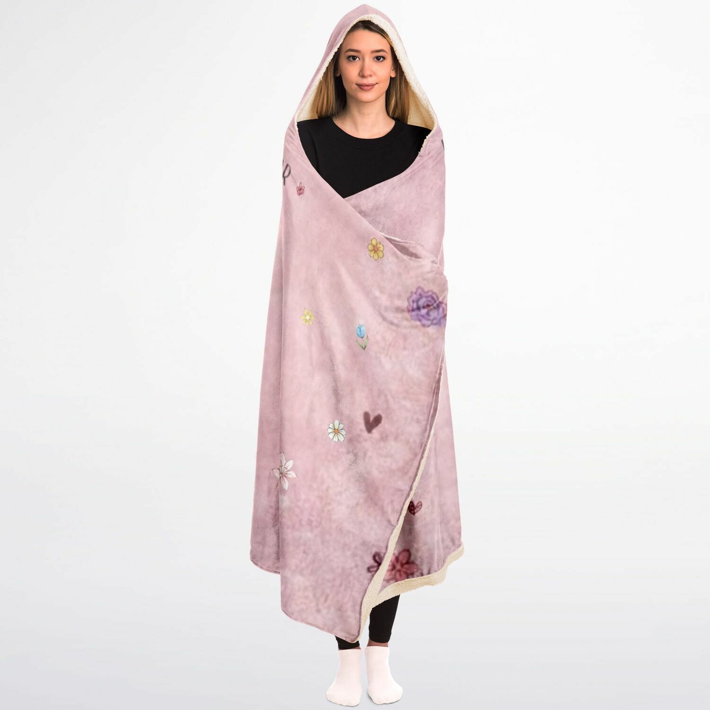 Mama Bear Love Hooded Blanket 45x60 – personalized bear family design with names and soft pink background flowers