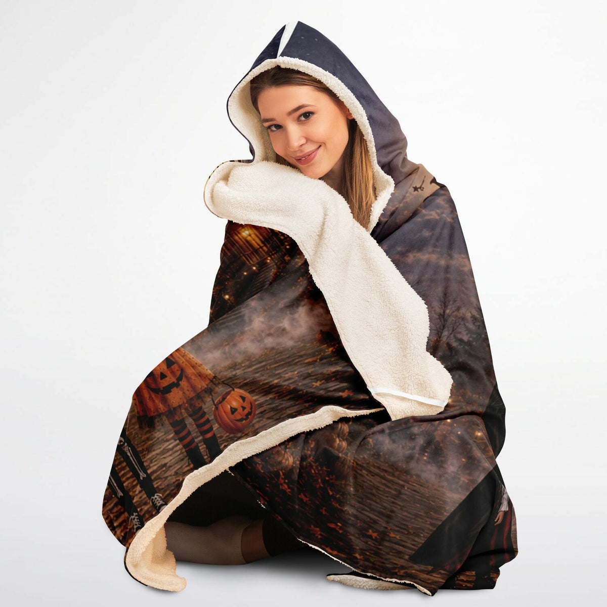 Mama’s Little Monsters Halloween Hooded Blanket 45x60 – ultra-soft fleece hooded blanket featuring a mother and her little monsters in a moonlit 