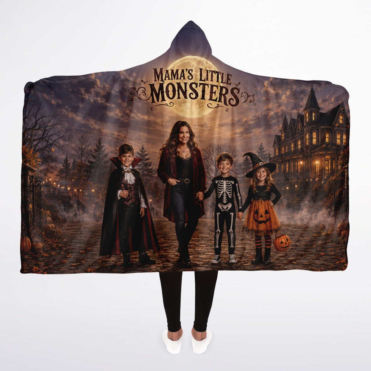 Mama’s Little Monsters Halloween Hooded Blanket 45x60 – ultra-soft fleece hooded blanket featuring a mother and her little monsters in a moonlit Halloween scene