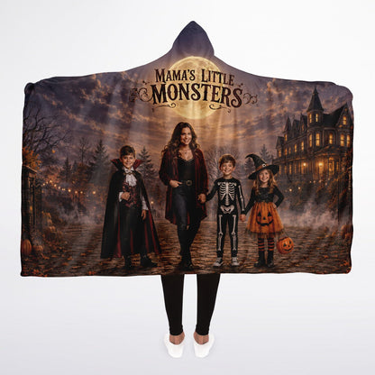 Mama’s Little Monsters Halloween Hooded Blanket 45x60 – ultra-soft fleece hooded blanket featuring a mother and her little monsters in a moonlit Halloween scene