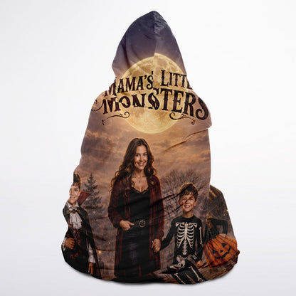 Mama’s Little Monsters Halloween Hooded Blanket 45x60 – ultra-soft fleece hooded blanket featuring a mother and her little monsters in a moonlit Halloween scene warm