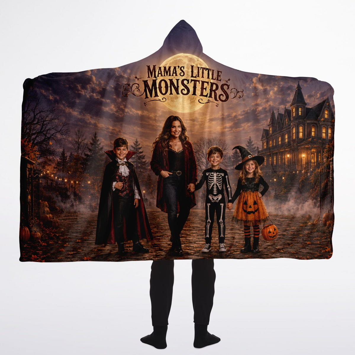 Mama’s Little Monsters Halloween Hooded Blanket 60x80 – oversized cozy sherpa hooded blanket featuring a spooky mother-and-children Halloween design.