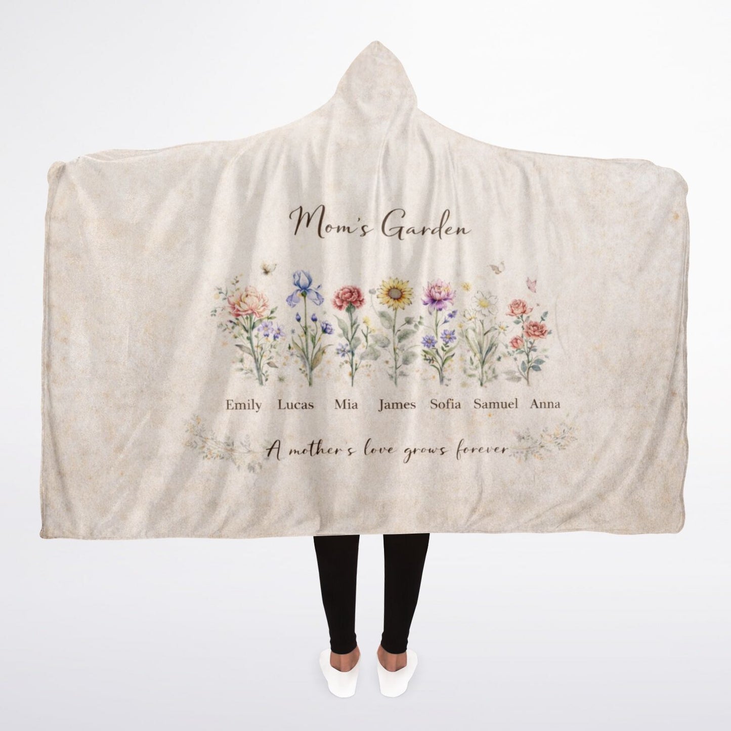 Mom’s Garden of Love Hooded Blanket 45x60 – personalized floral blanket with children’s names as flowers soft