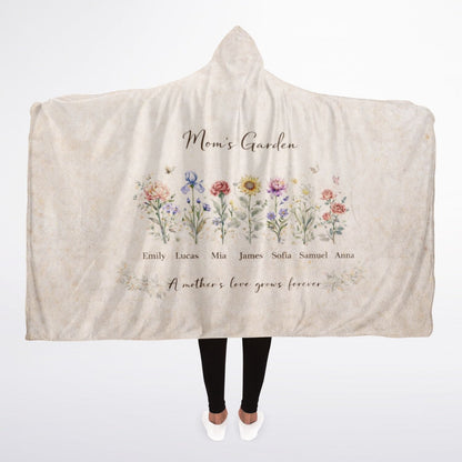 Mom’s Garden of Love Hooded Blanket 45x60 – personalized floral blanket with children’s names as flowers soft