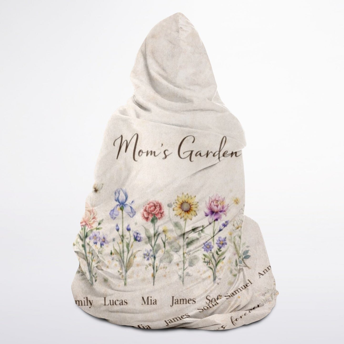 Mom’s Garden of Love Hooded Blanket 45x60 – personalized floral blanket with children’s names as flowers cozy