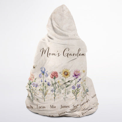Mom’s Garden of Love Hooded Blanket 45x60 – personalized floral blanket with children’s names as flowers cozy