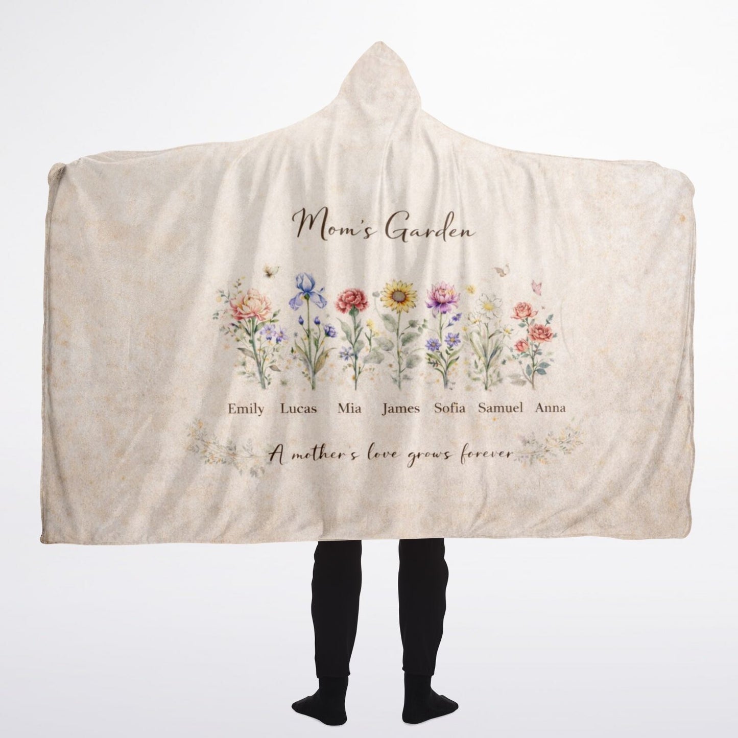 Mom’s Garden of Love Hooded Blanket 60x80 – custom flower name blanket representing family love and connection soft