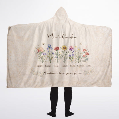 Mom’s Garden of Love Hooded Blanket 60x80 – custom flower name blanket representing family love and connection soft