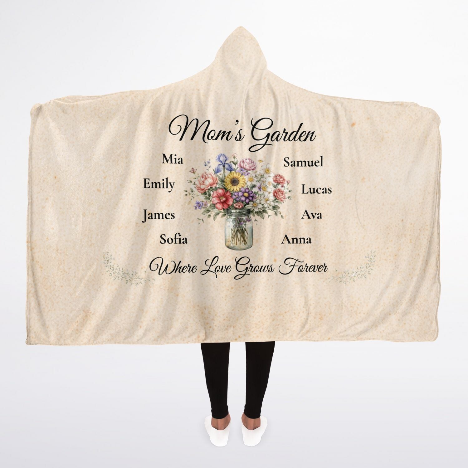 Mom’s Love Garden Hooded Blanket 45x60 – personalized floral blanket with children names for mom soft