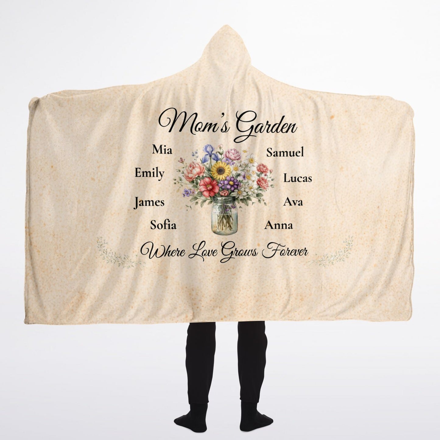Mom’s Love Garden Hooded Blanket 60x80 – cozy sherpa fleece blanket with custom family name design
