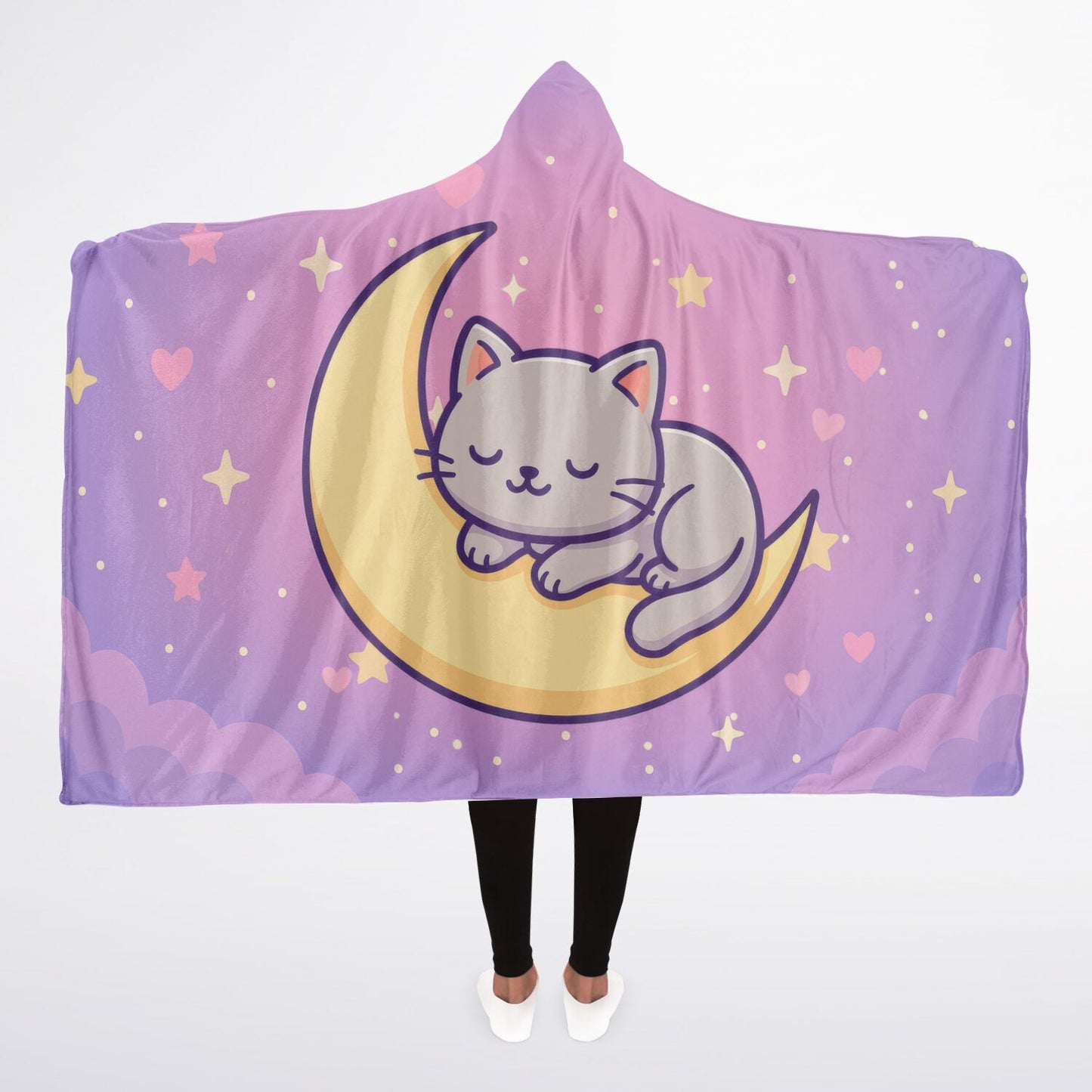 Moonlight Kitty Hooded Blanket 45x60 – cozy kawaii cat on pastel moon, soft sherpa fleece