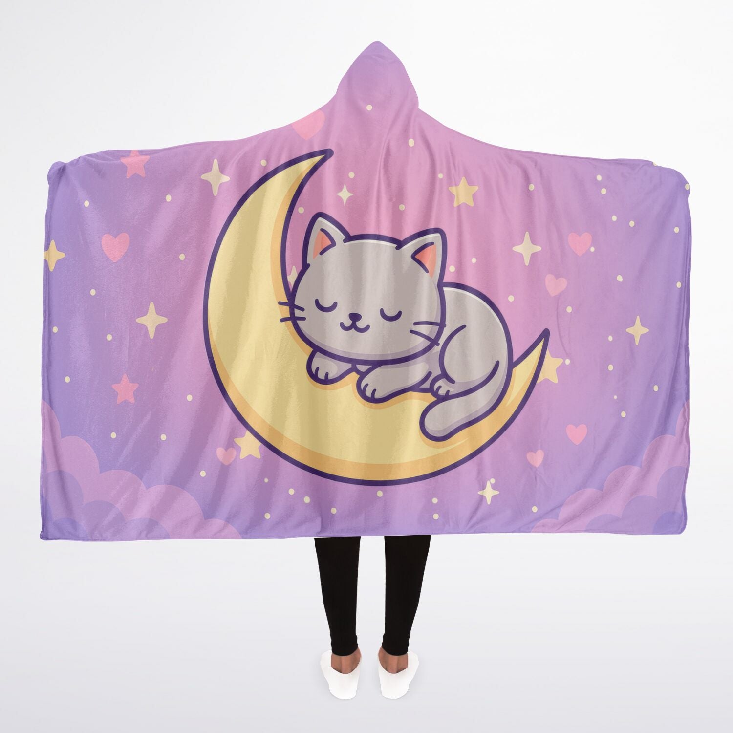 Moonlight Kitty Hooded Blanket 45x60 – cozy kawaii cat on pastel moon, soft sherpa fleece