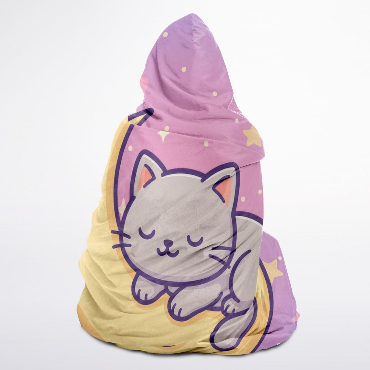 Moonlight Kitty Hooded Blanket 45x60 – cozy kawaii cat on pastel moon