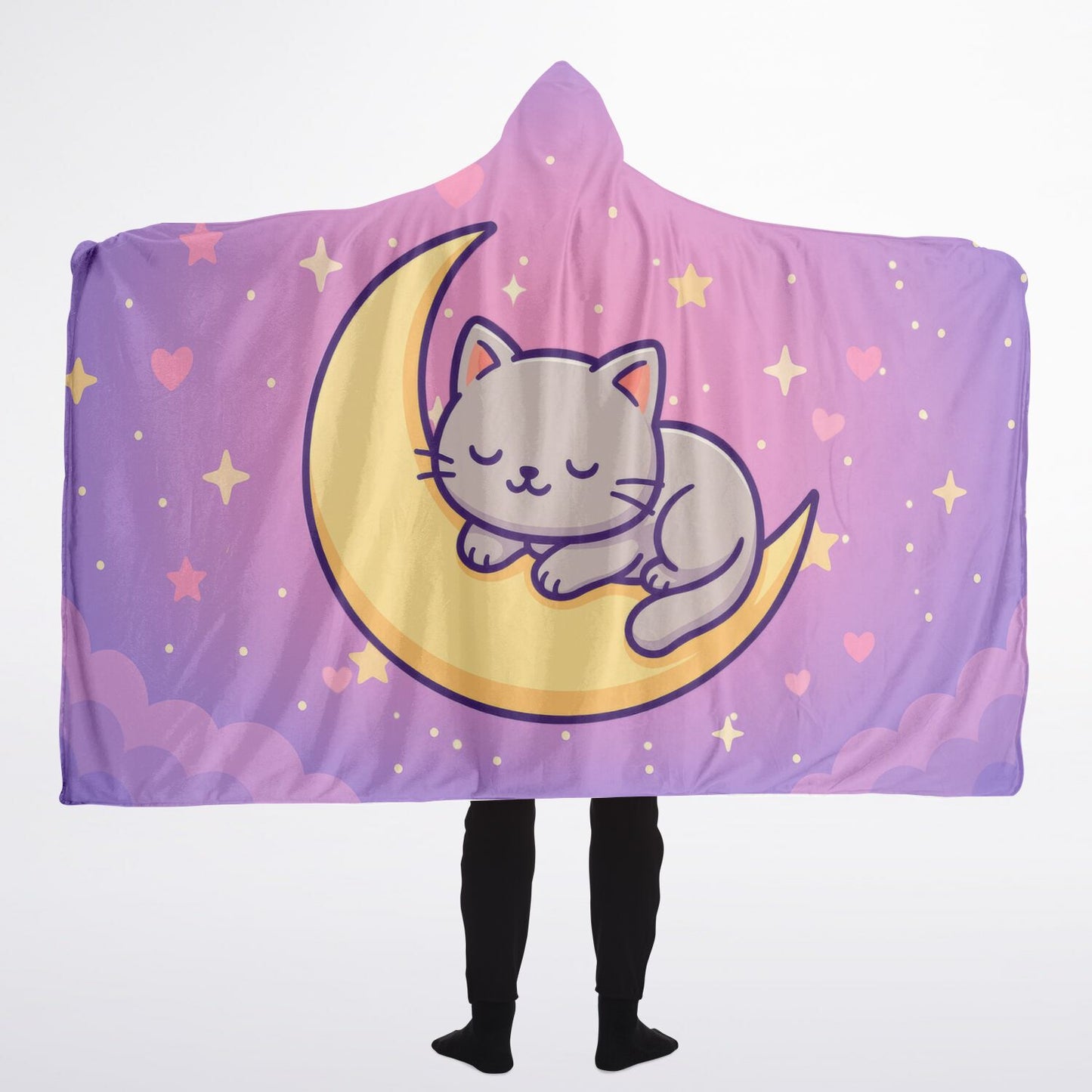 Moonlight Kitty Hooded Blanket 60x80 – dreamy kawaii cat design with plush sherpa comfort