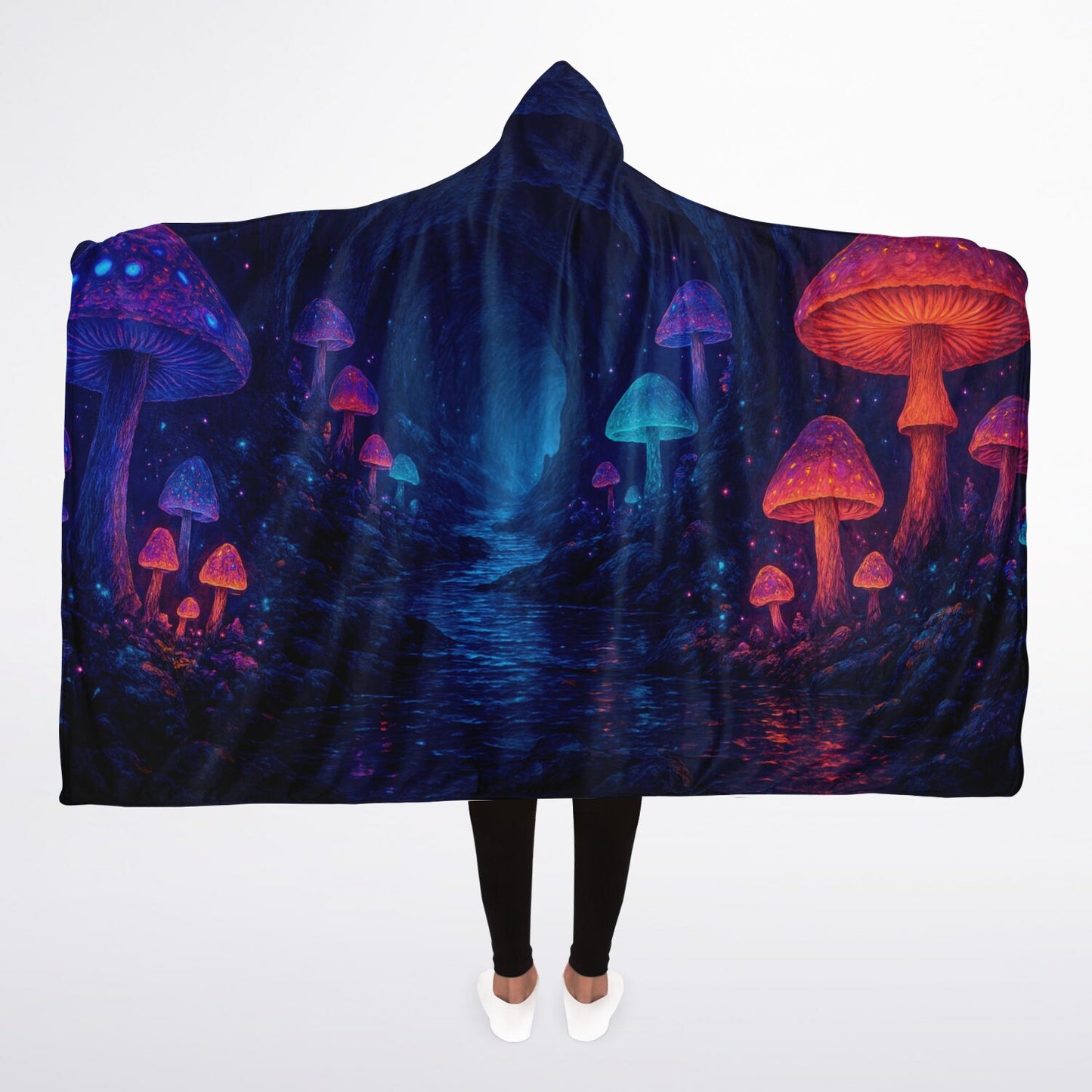 Mystic Mushrooms Hooded Blanket 45x60 – glowing fantasy forest, sherpa fleece comfort