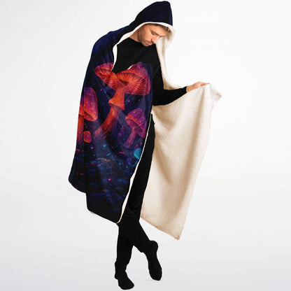 Mystic Mushrooms Hooded Blanket 60x80 – bioluminescent mushroom design, cozy 