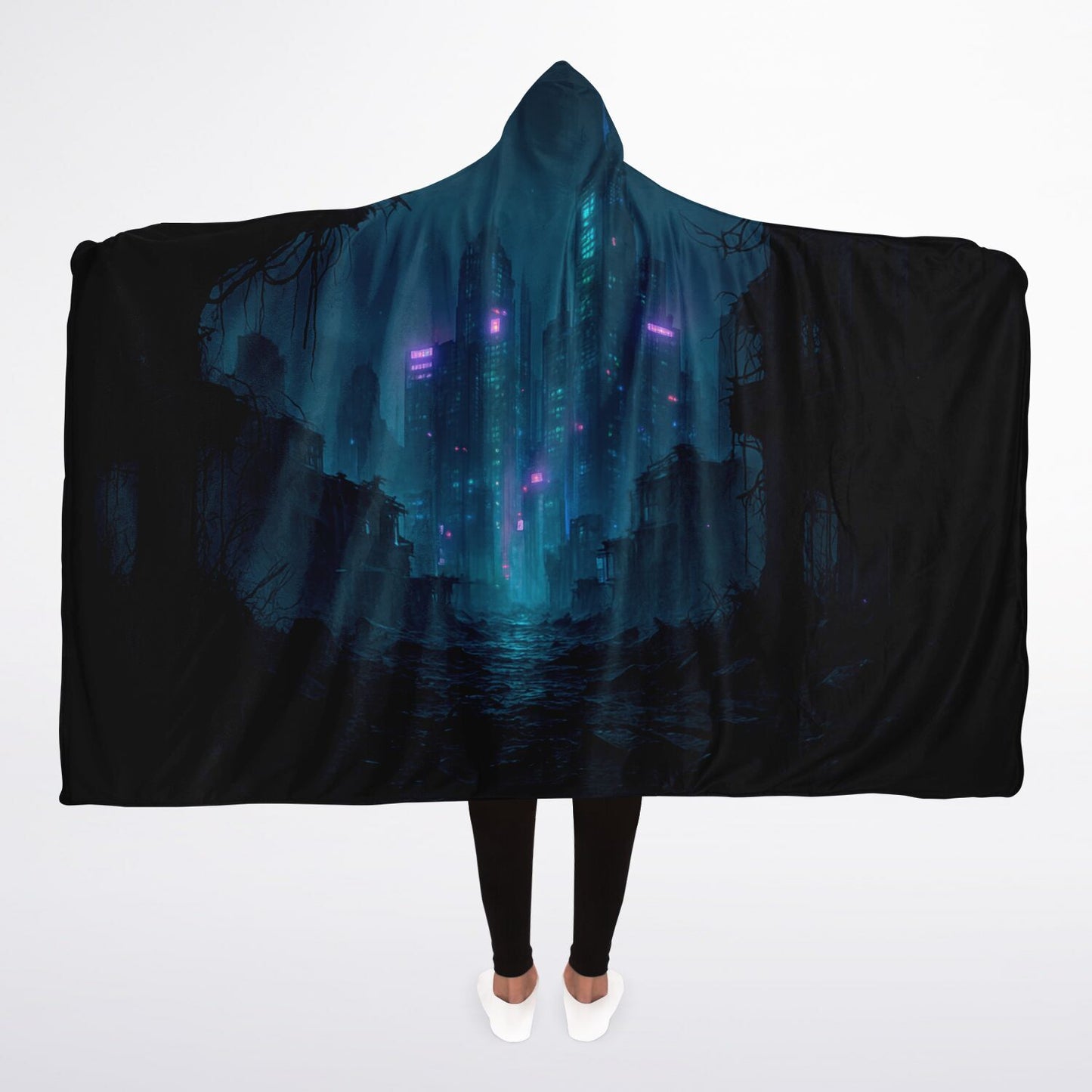 Neon Afterdark Hooded Blanket 45x60 – cyberpunk city, dark neon aesthetic, 