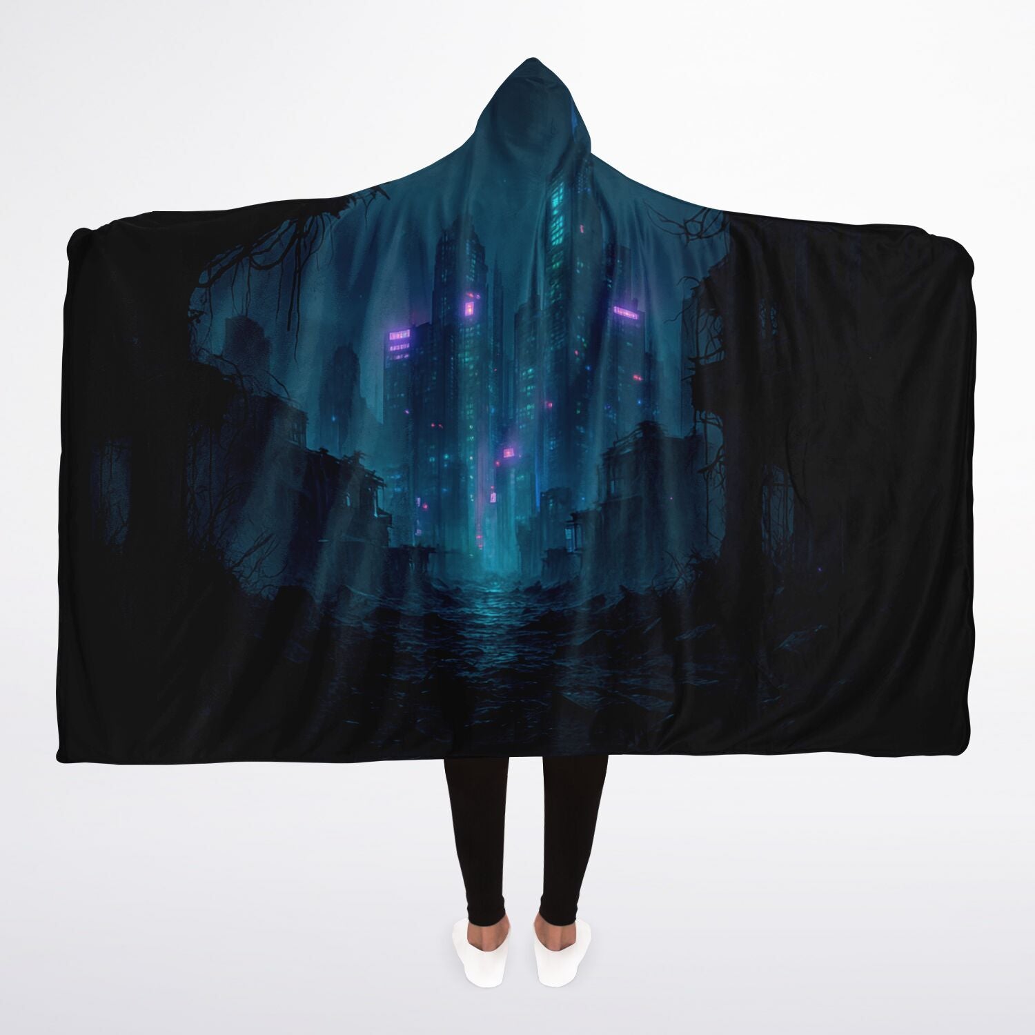 Neon Afterdark Hooded Blanket 45x60 – cyberpunk city, dark neon aesthetic, 