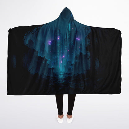 Neon Afterdark Hooded Blanket 45x60 – cyberpunk city, dark neon aesthetic, 