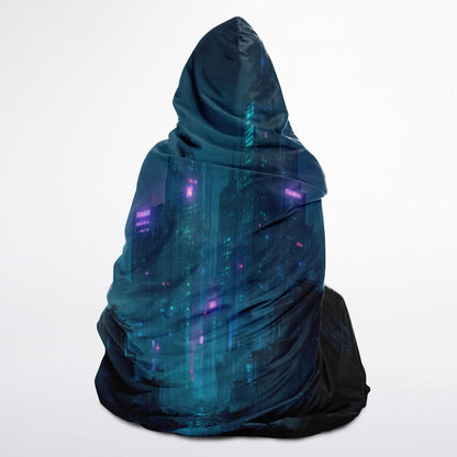 Neon Afterdark Hooded Blanket 45x60 – cyberpunk city, dark neon aesthetic, sherpa 