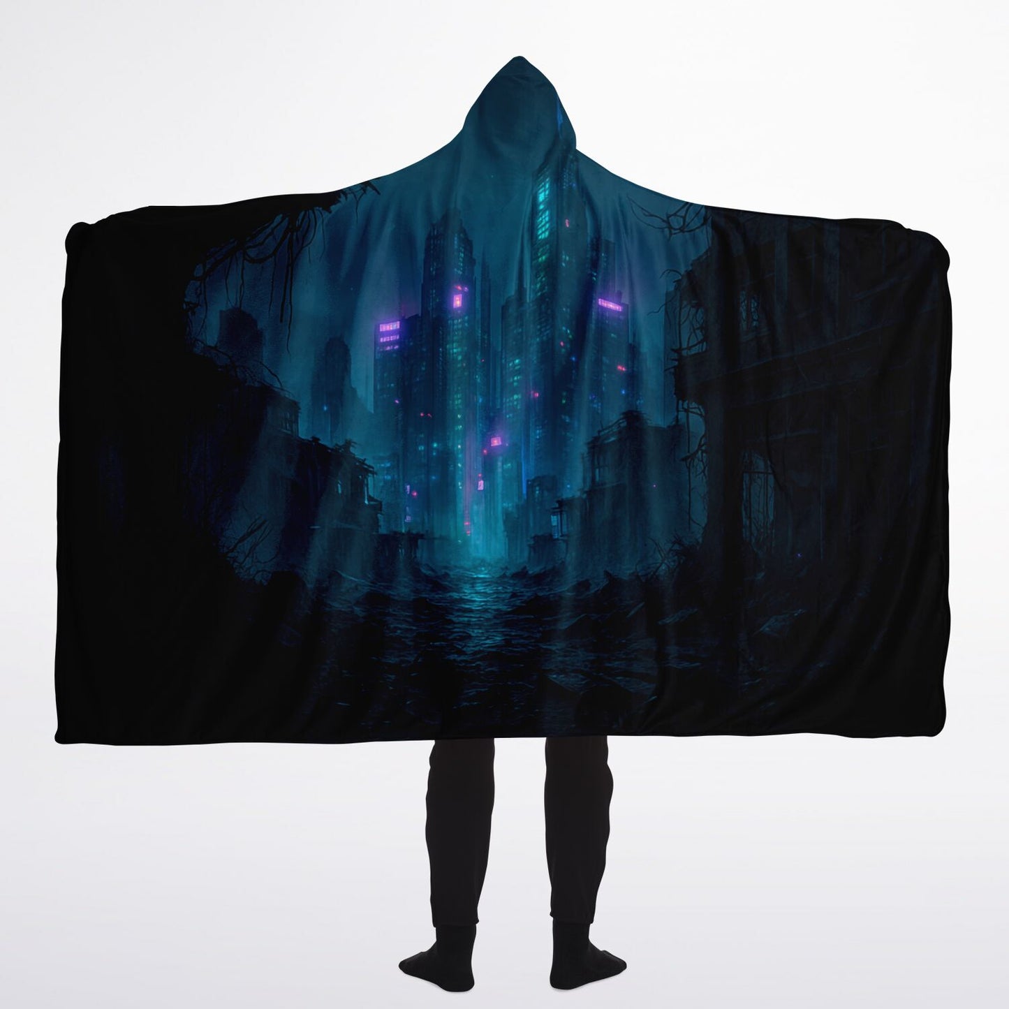 Neon Afterdark Hooded Blanket 60x80 – futuristic neon cityscape, cozy 