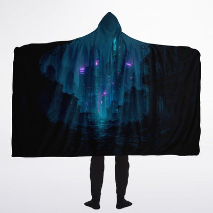 Neon Afterdark Hooded Blanket 60x80 – futuristic neon cityscape, cozy 