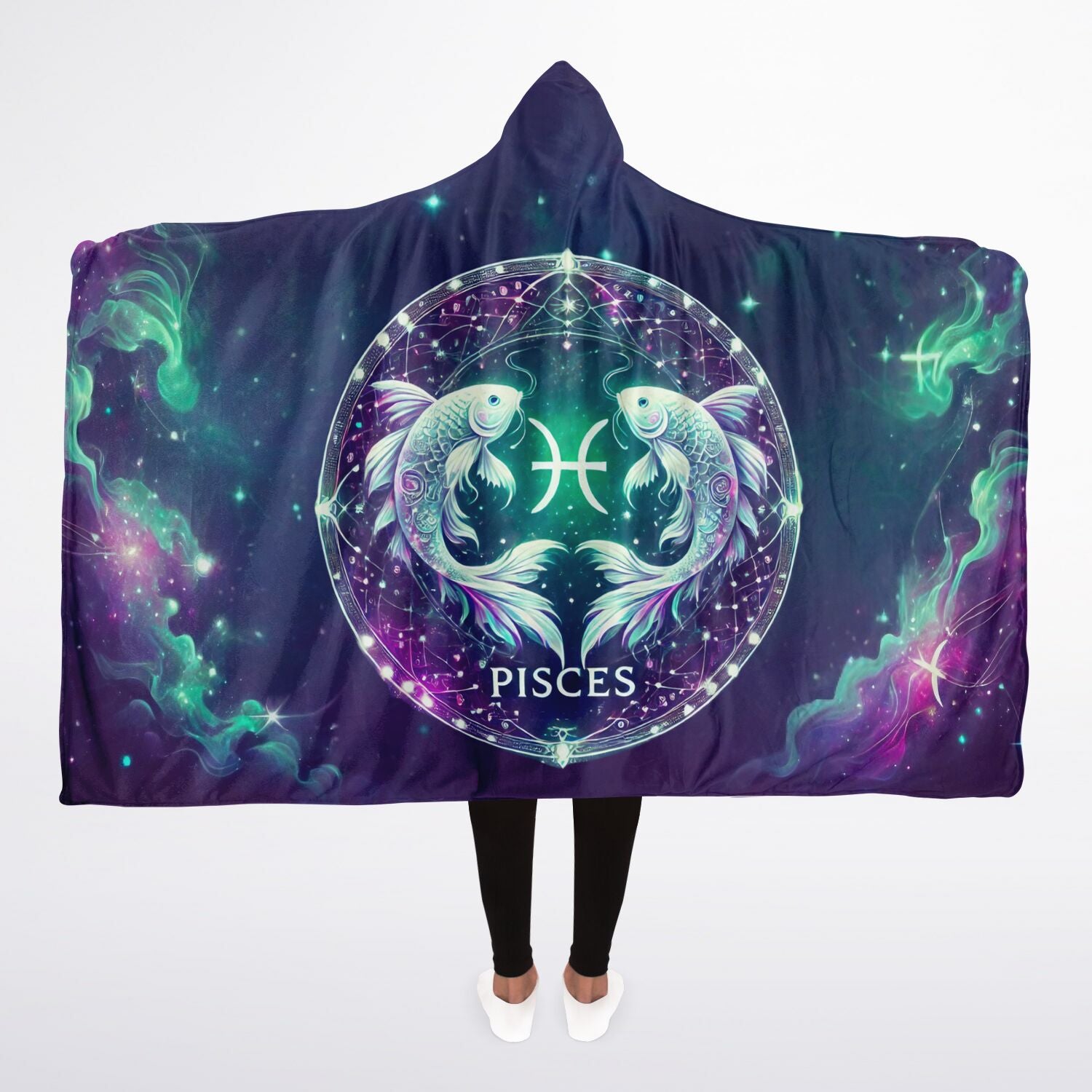 Pisces Dreamflow Hooded Blanket 45x60 – cosmic Pisces fish, calming sherpa fleece