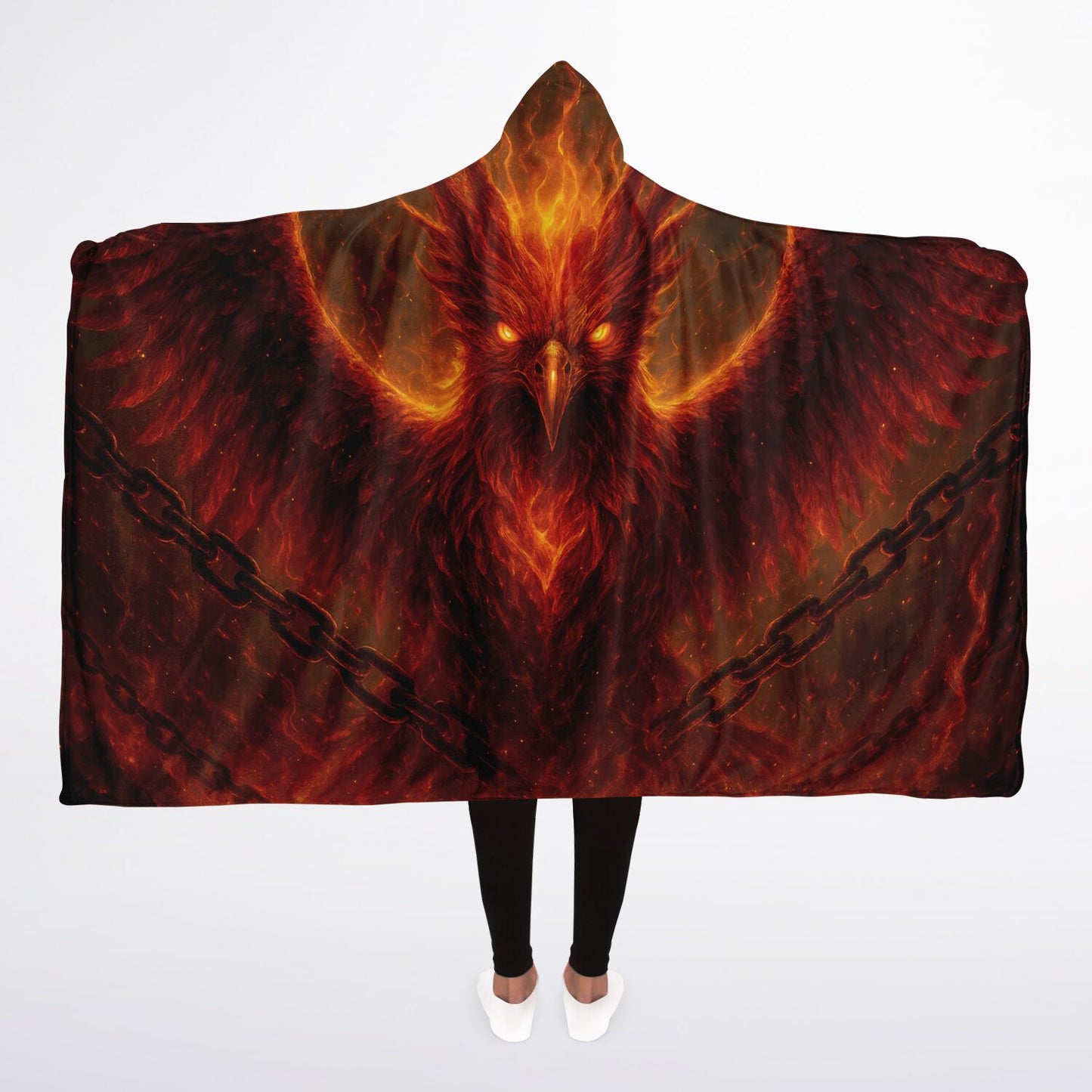 Reborn in Fire Hooded Blanket 45x60 – phoenix fire wings, sherpa fleece, transformation 