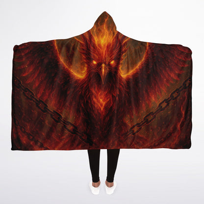 Reborn in Fire Hooded Blanket 45x60 – phoenix fire wings, sherpa fleece, transformation 