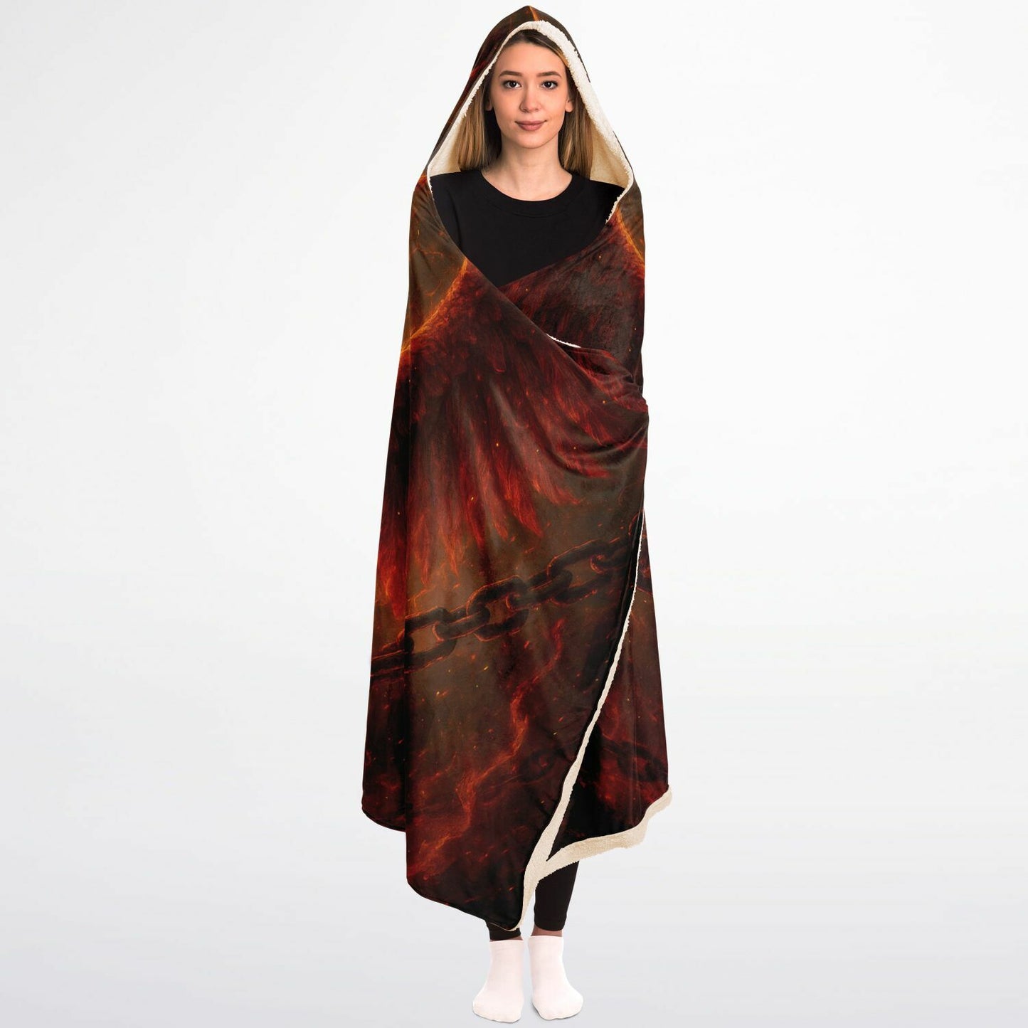 Reborn in Fire Hooded Blanket 45x60 – phoenix fire wings, sherpa