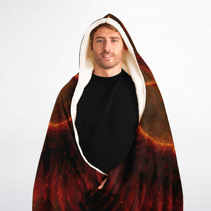 Reborn in Fire Hooded Blanket 60x80 – flaming phoenix, cozy sherpa lining, rebirth symbolism