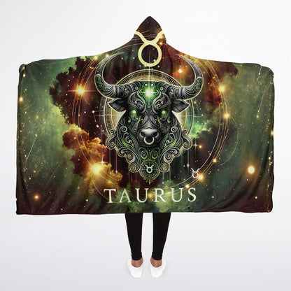 Taurus Ascend Hooded Blanket 45x60 – cosmic bull, earthy zodiac tones, sherpa fleece warmth