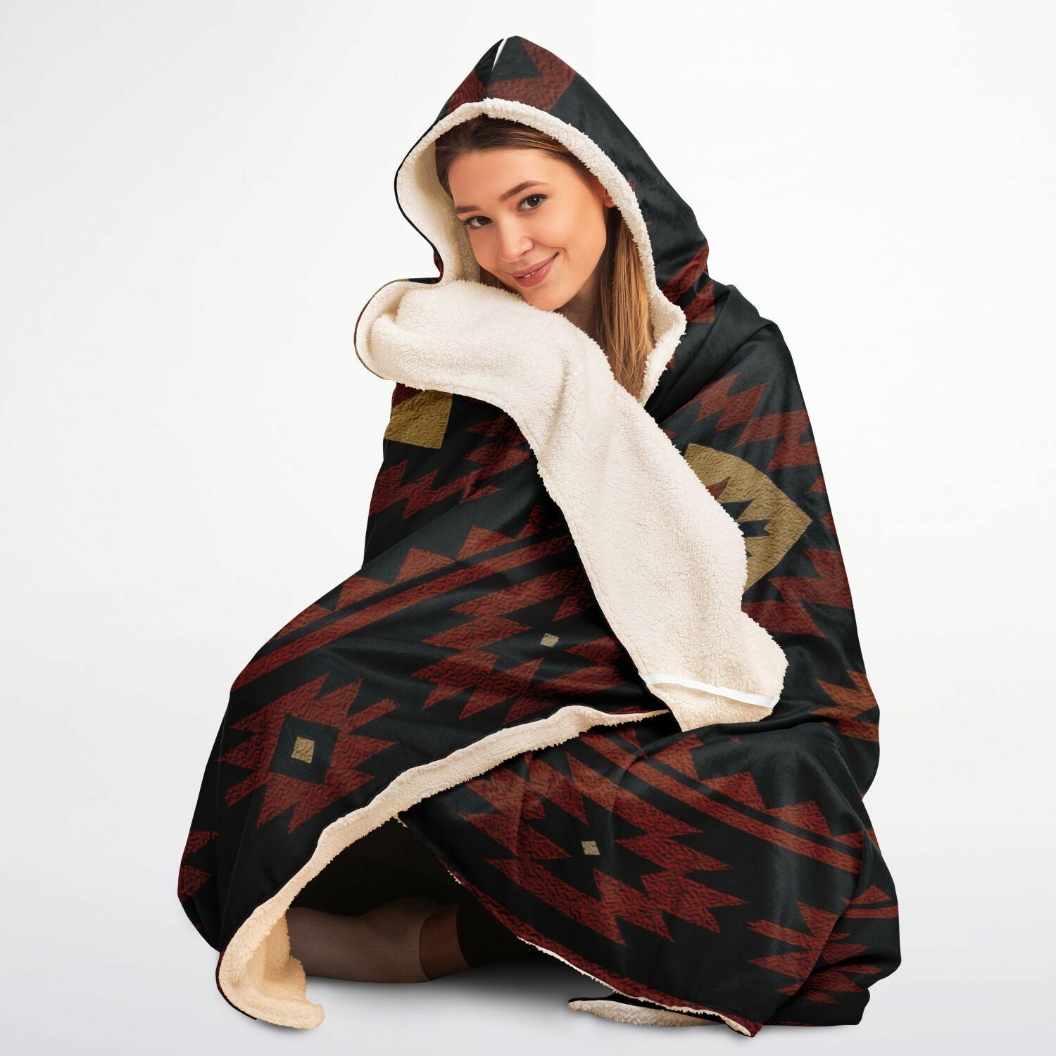 Tribal Spirit Hooded Blanket 45x60 – ultra-soft fleece hooded blanket featuring a bold Southwestern tribal pattern, perfect for camping, cozy nights, cabins, and rustic home comfort