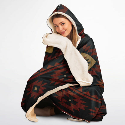 Tribal Spirit Hooded Blanket 45x60 – ultra-soft fleece hooded blanket featuring a bold Southwestern tribal pattern, perfect for camping, cozy nights, cabins, and rustic home comfort