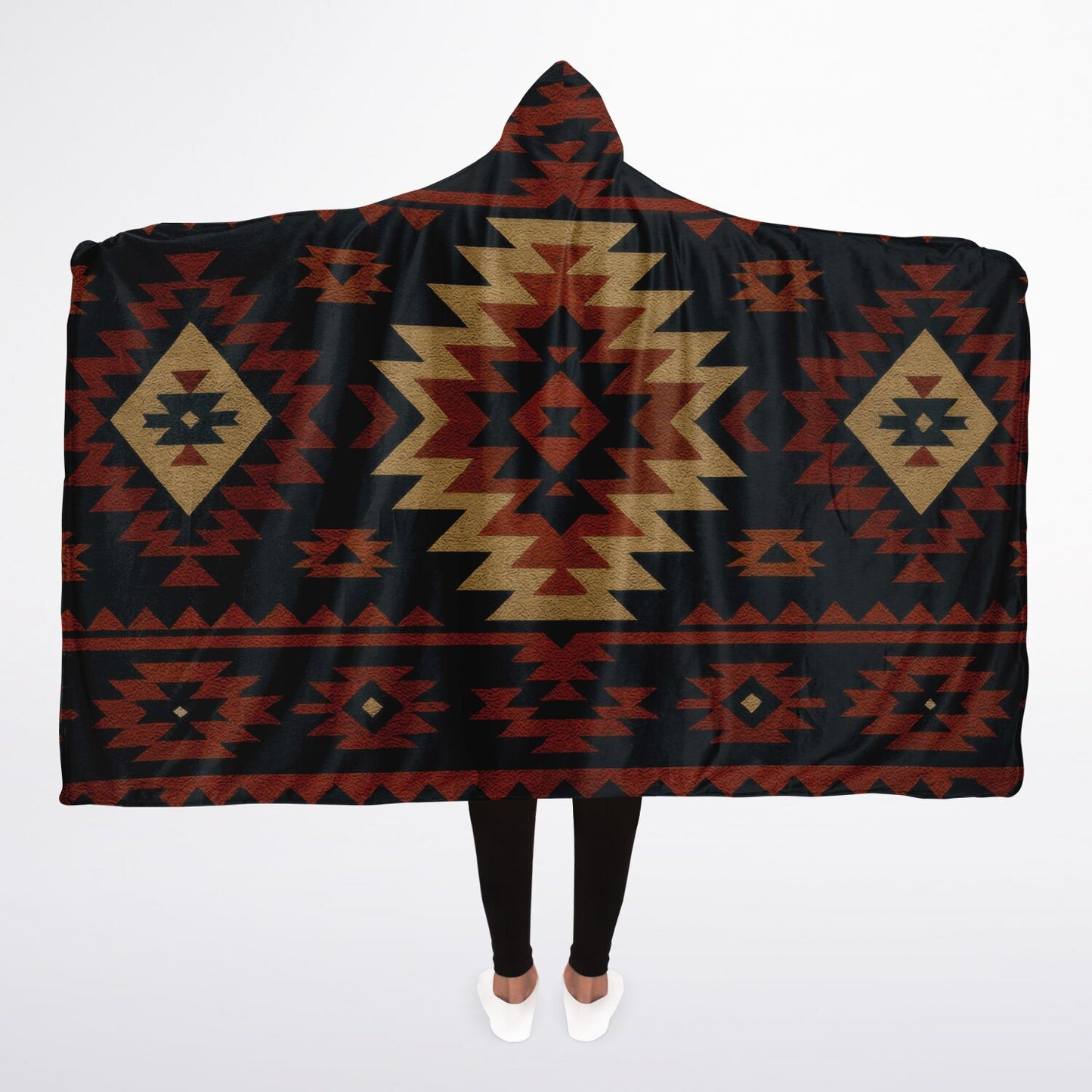 Tribal Spirit Hooded Blanket 45x60 – ultra-soft fleece hooded blanket featuring a bold Southwestern tribal pattern, perfect for camping, cozy nights, cabins, and rustic home