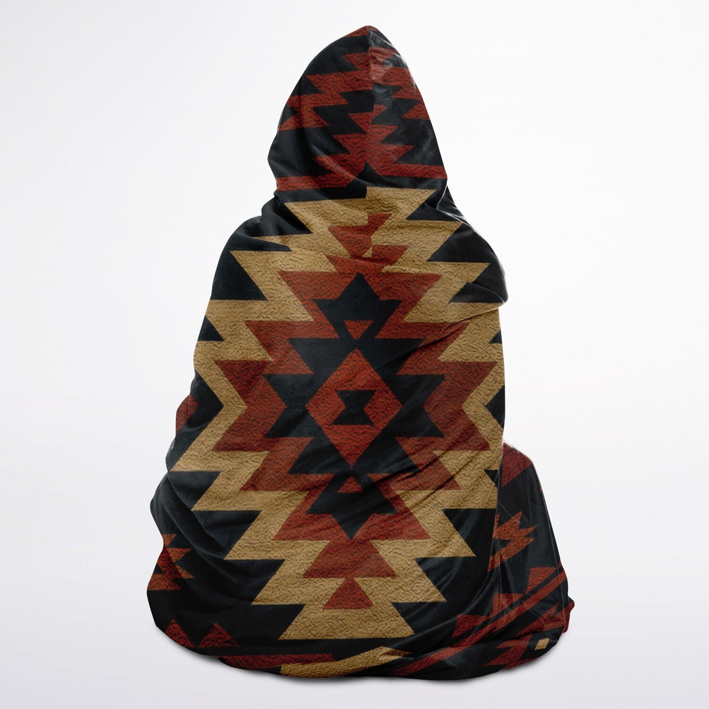 Tribal Spirit Hooded Blanket 45x60 – ultra-soft fleece hooded blanket featuring a bold Southwestern tribal pattern, perfect for camping, cozy nights, cabins, and rustic 