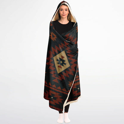 Tribal Spirit Hooded Blanket 45x60 – ultra-soft fleece hooded blanket featuring a bold Southwestern tribal pattern, perfect for camping, cozy nights, cabins, 